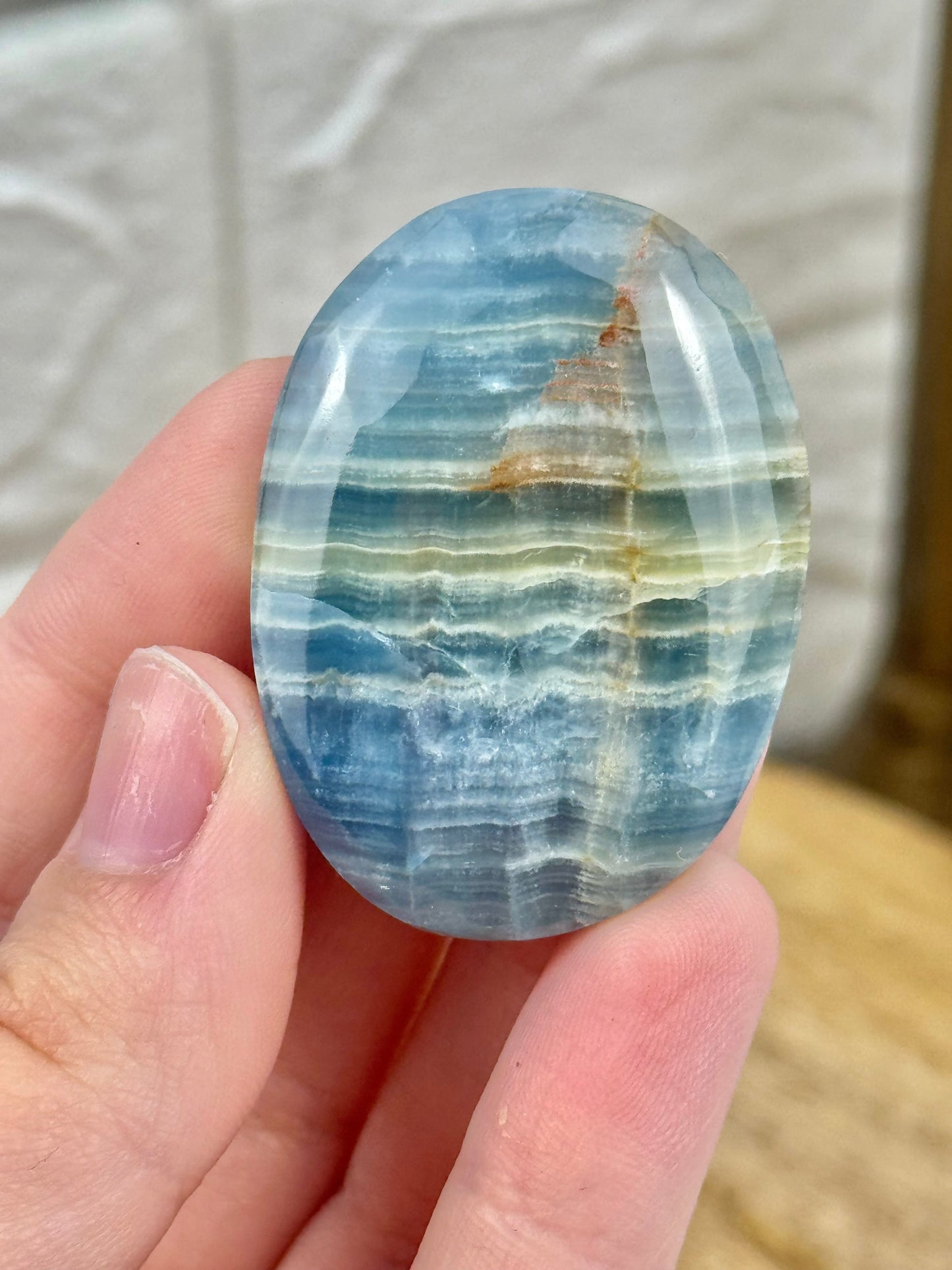 1 deep blue lemurian aquatine calcite flat cab from Argentina