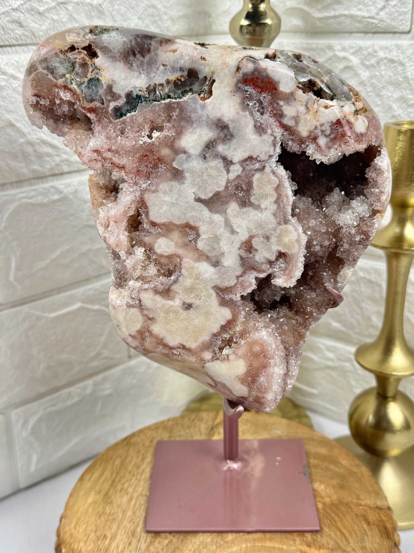 Stunning XL druzy flower pink amethyst on pink stand from Brazil