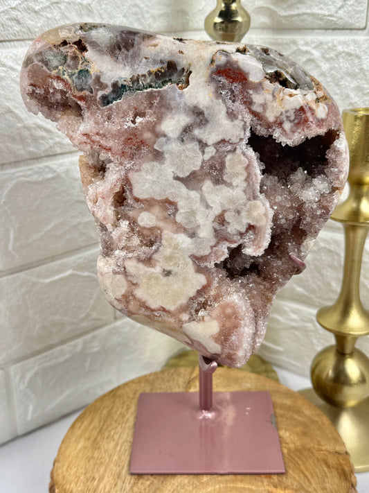 Stunning XL druzy flower pink amethyst on pink stand from Brazil
