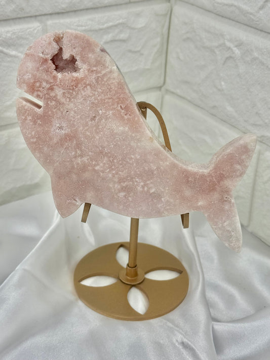 Cute pink amethyst whale on stand from Brazil