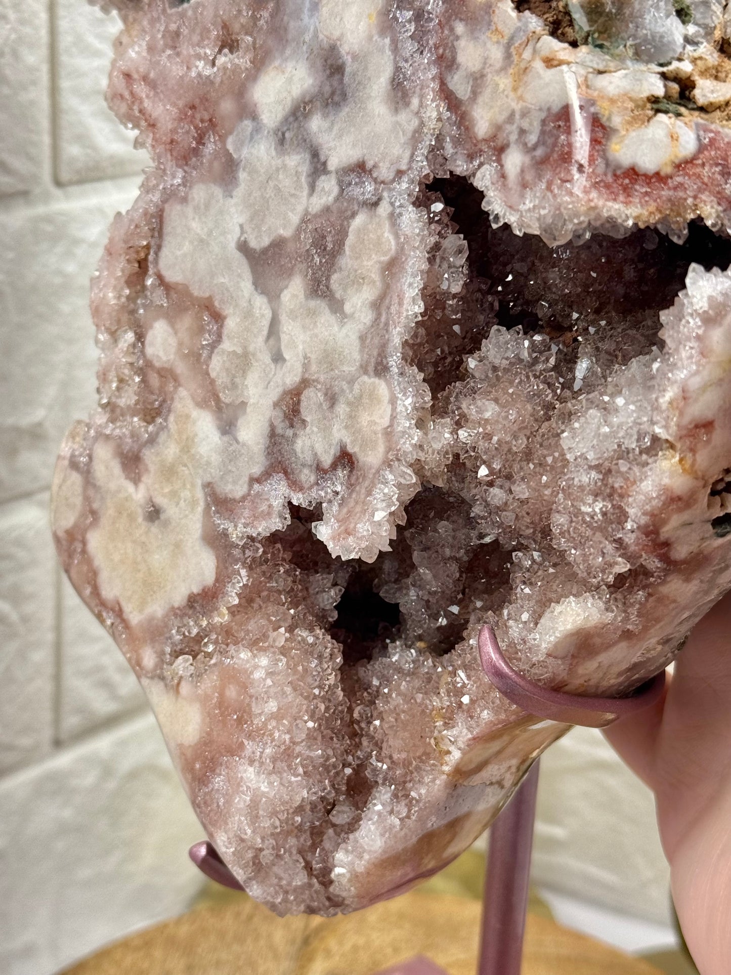 Stunning XL druzy flower pink amethyst on pink stand from Brazil