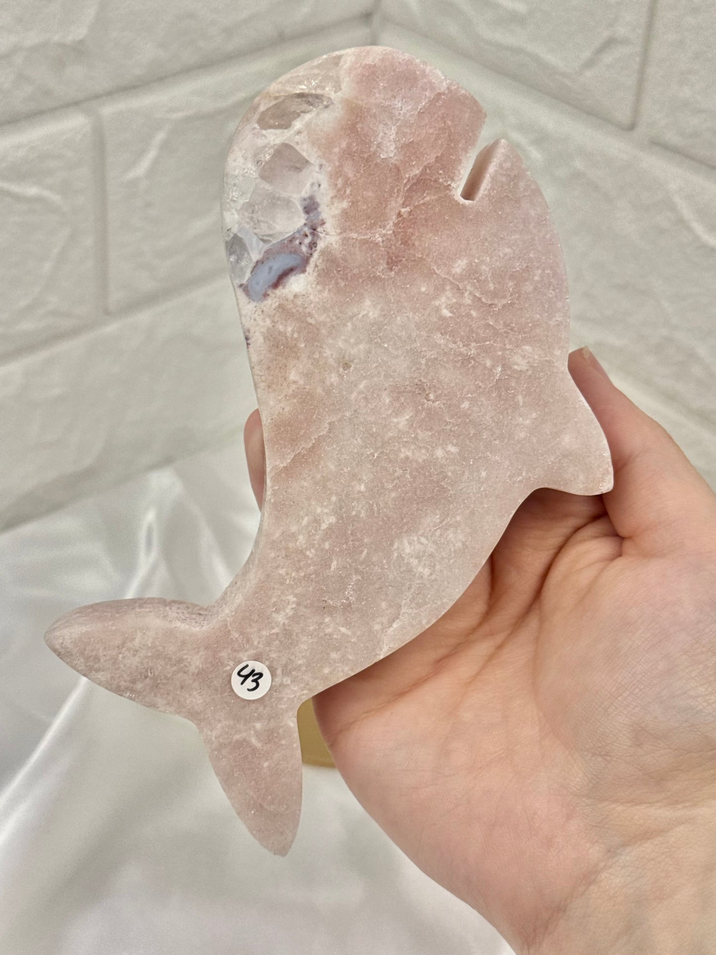 Cute pink amethyst whale on stand from Brazil