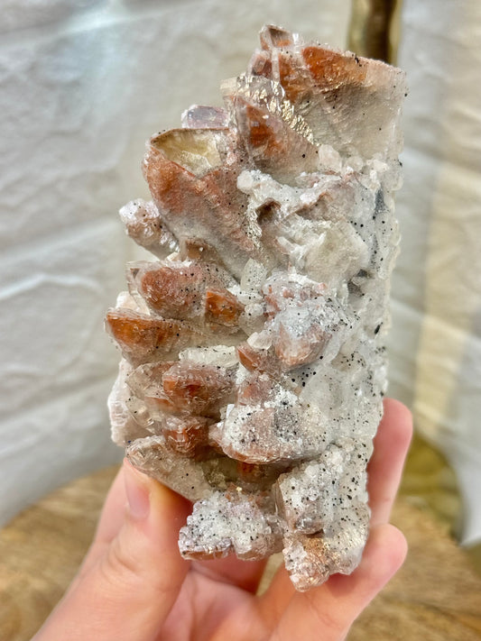 Stunning red hematite dogtooth calcite with pyrite from China