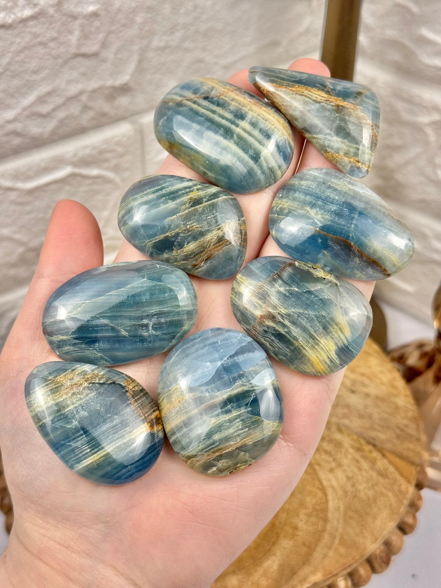 1 deep blue lemurian aquatine calcite flat cab from Argentina