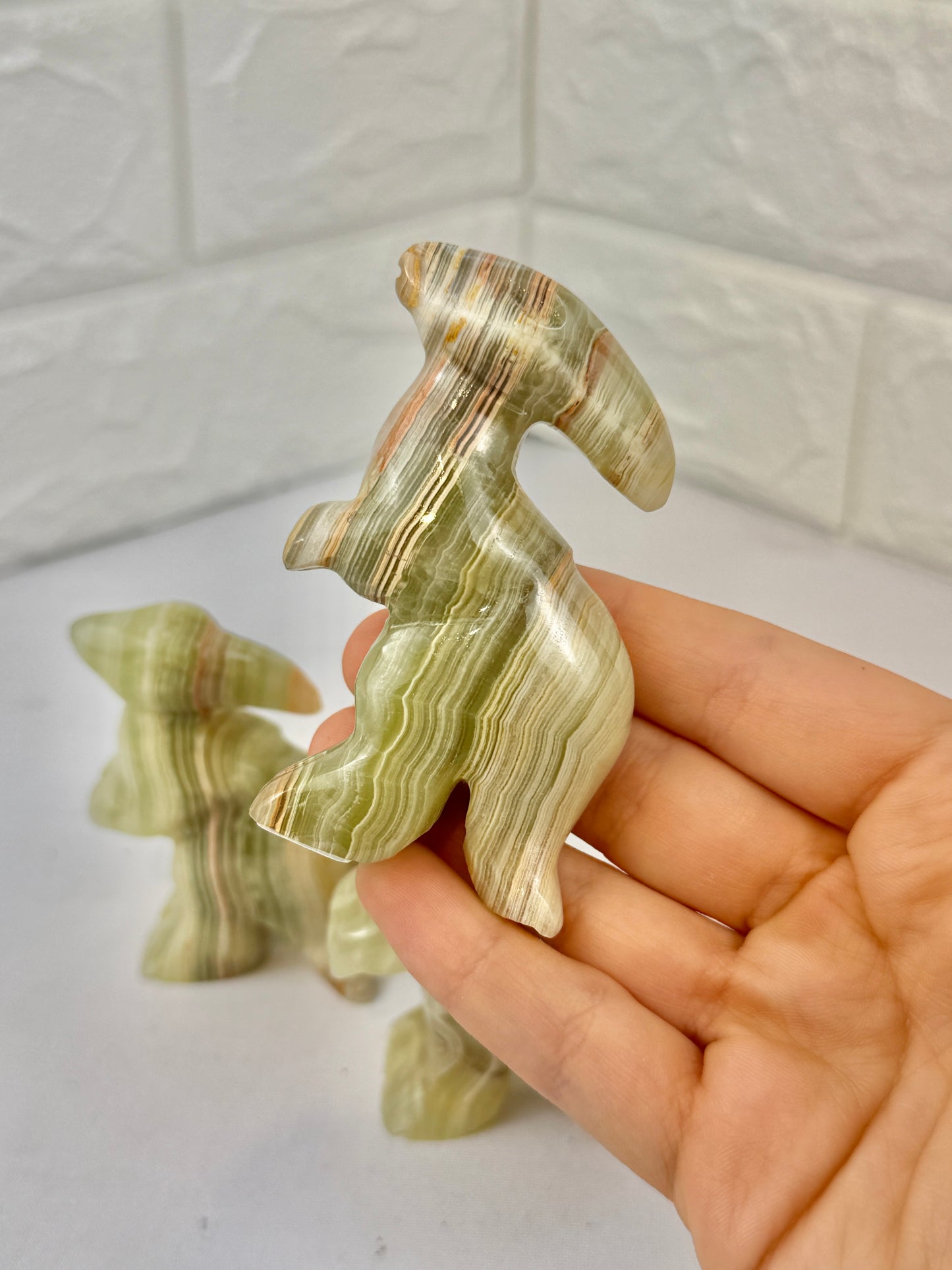 1 green calcite parasaurolophus