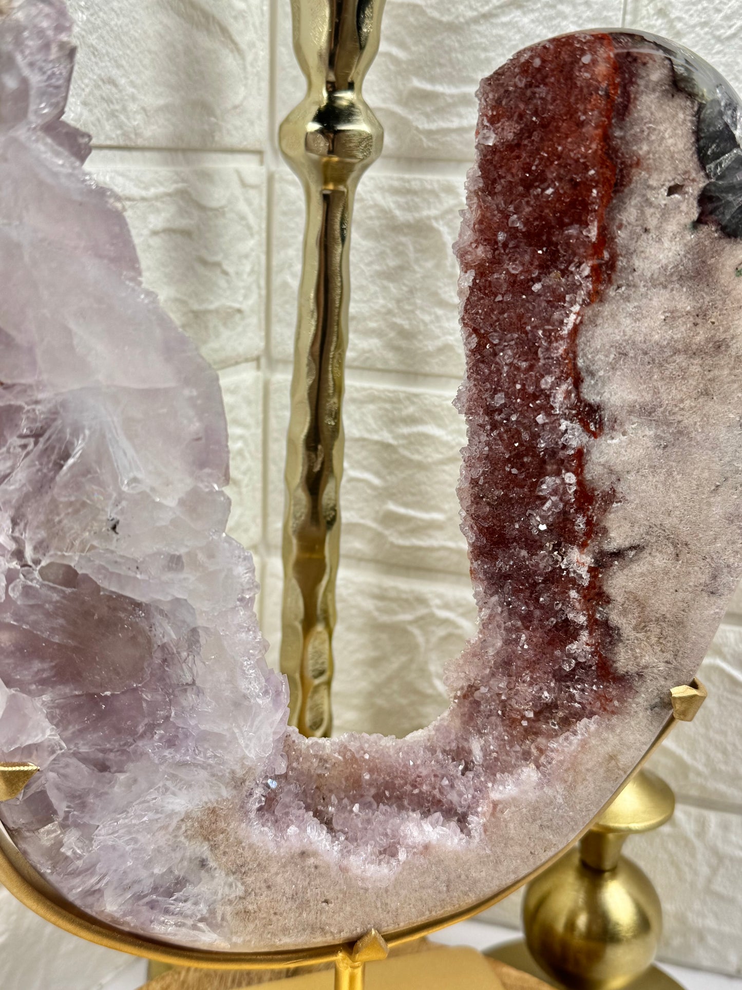 Amazing statement purple/red amethyst portal on gold stand from Brazil