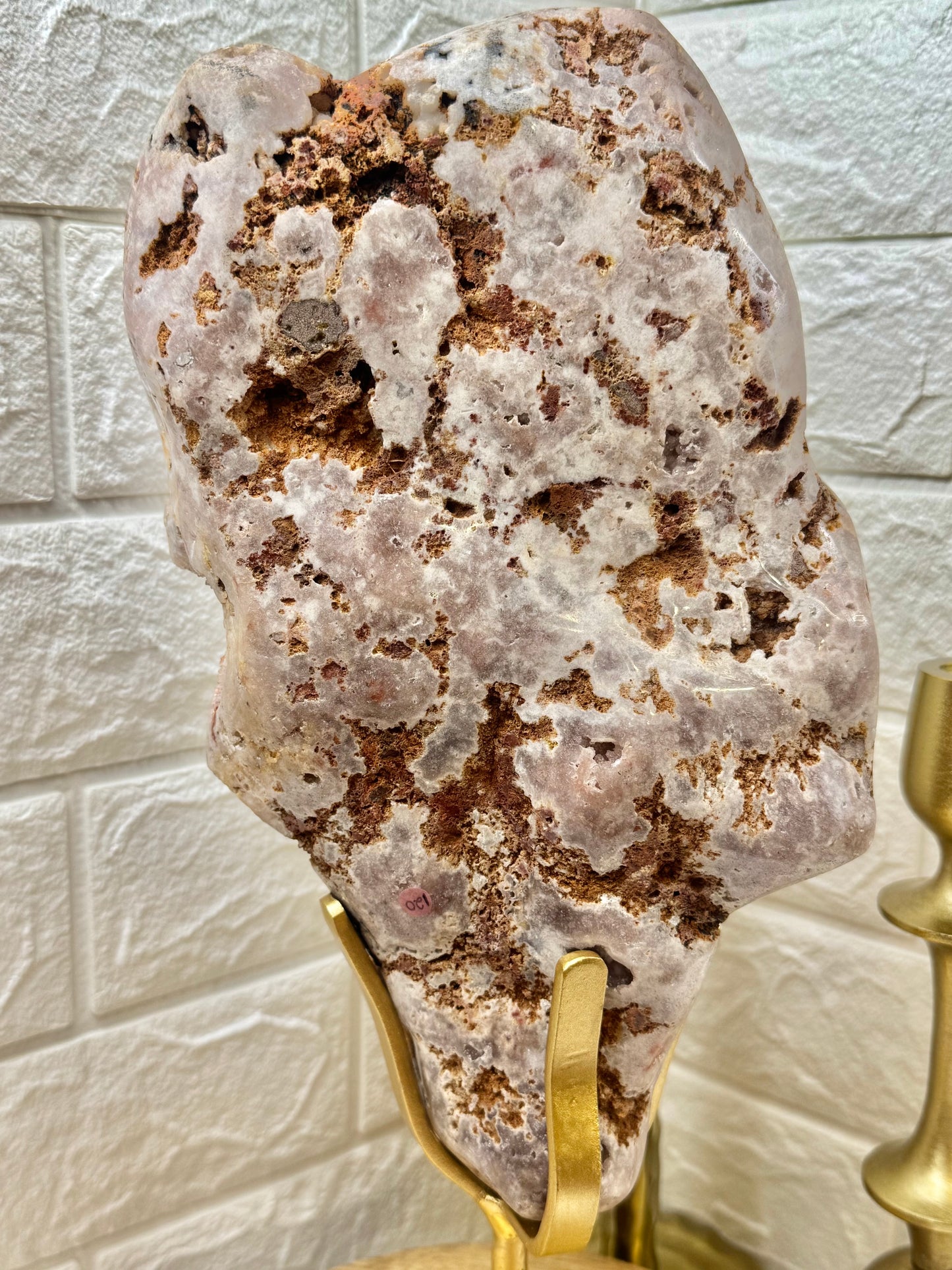 Statement pink amethyst slab on gold stand from Brazil