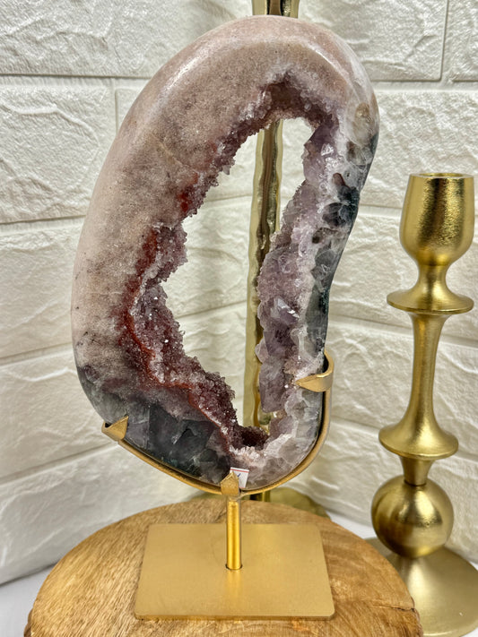 Stunning purple/red/pink amethyst portal on gold stand from Brazil