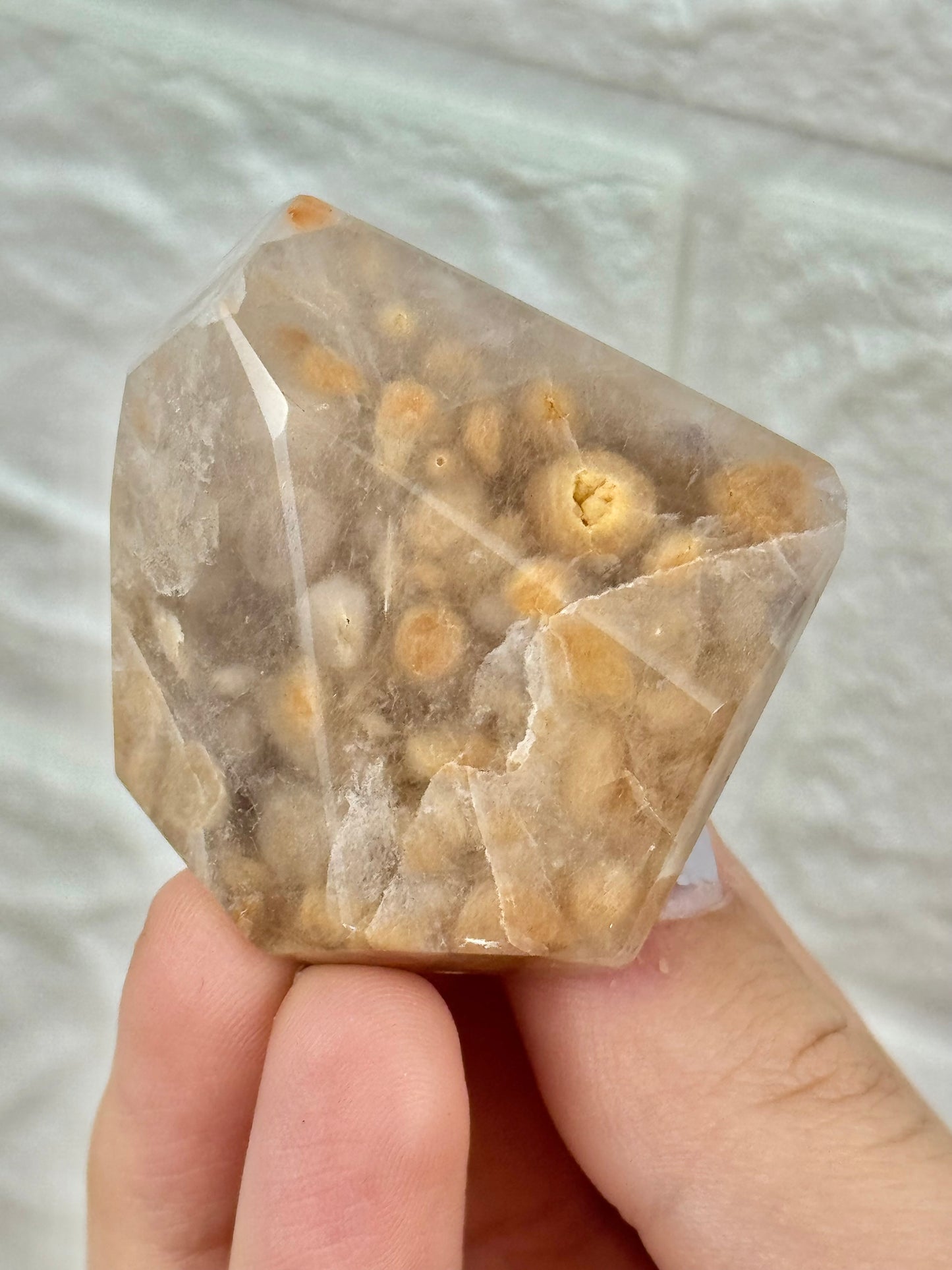 You pick! Unique orange amphibole in quartz from Brazil