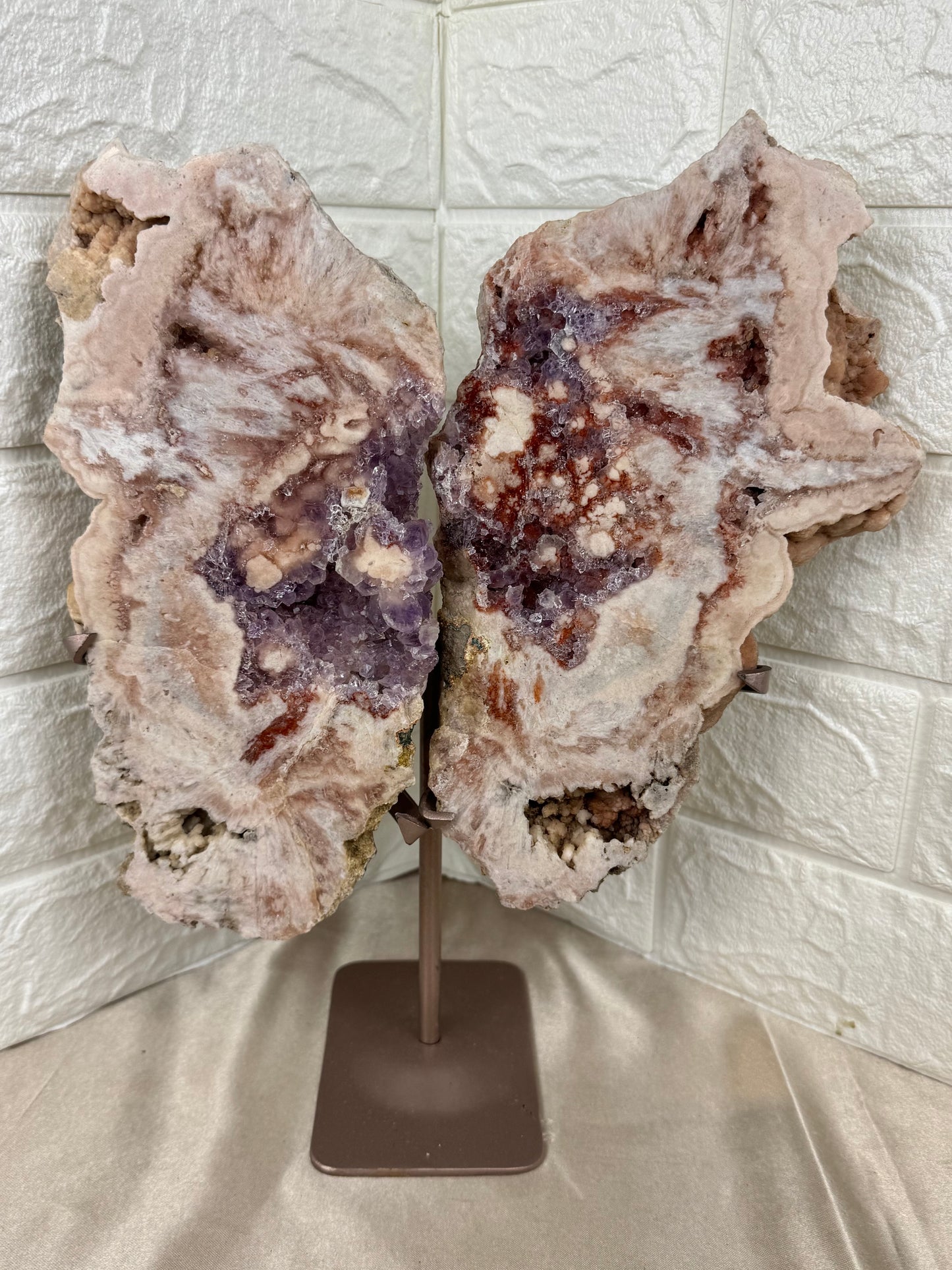 Insane statement pink amethyst wings on rose gold stand from Brazil