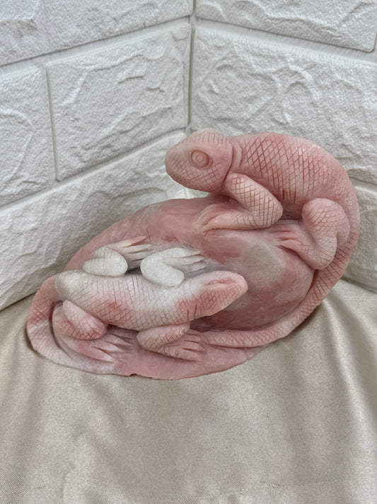 Pink opal chameleon x lizard statement carving