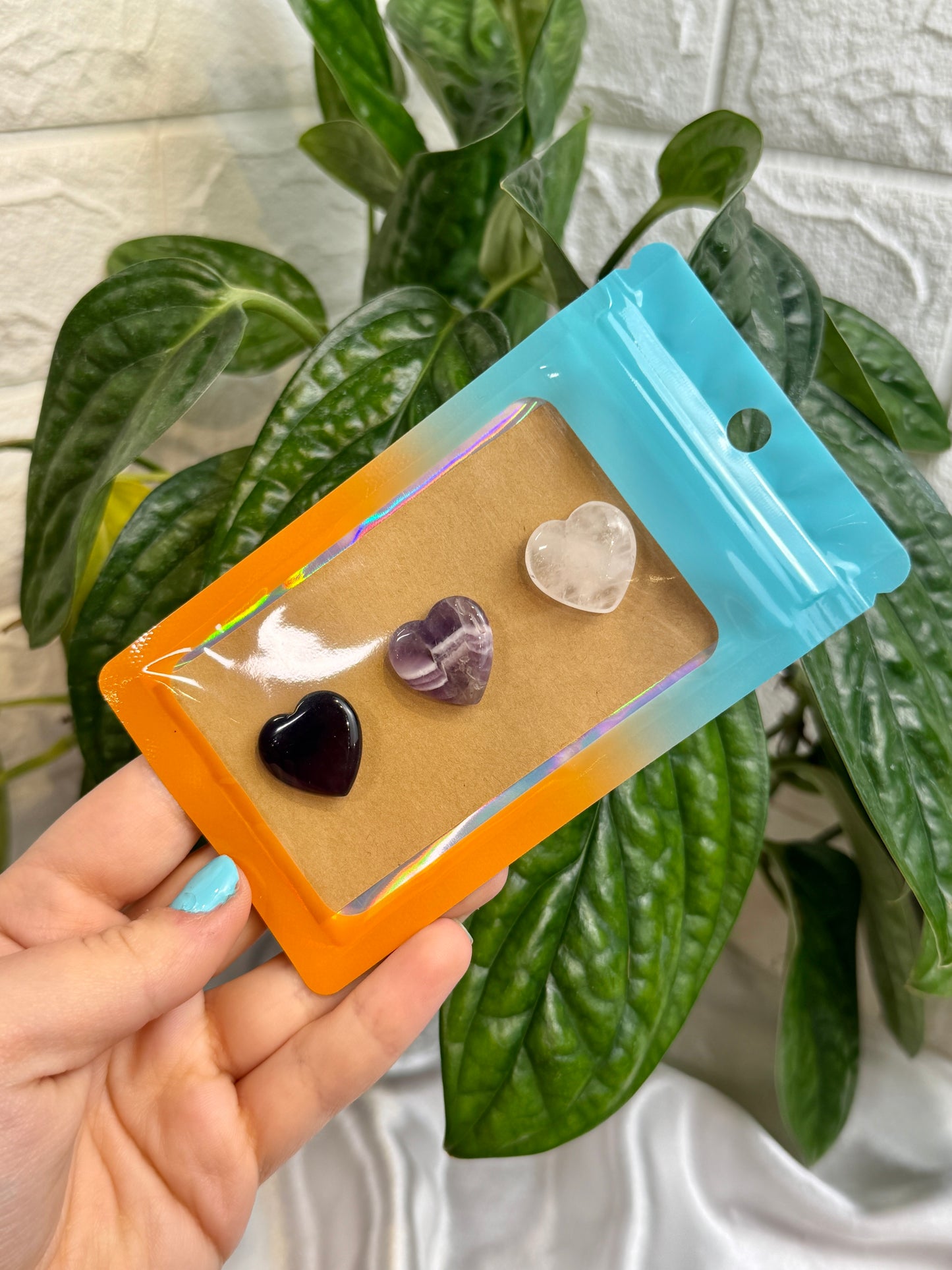 1 auramoon obsidian, chevron amethyst, and quartz heart pack