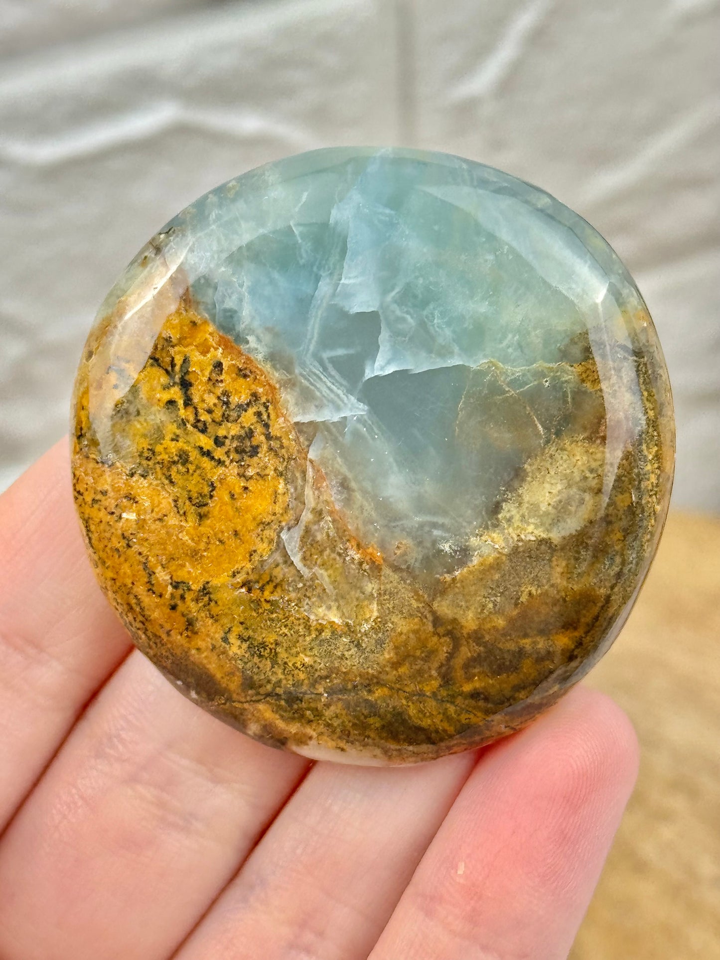 1 deep blue lemurian aquatine calcite flat cab from Argentina
