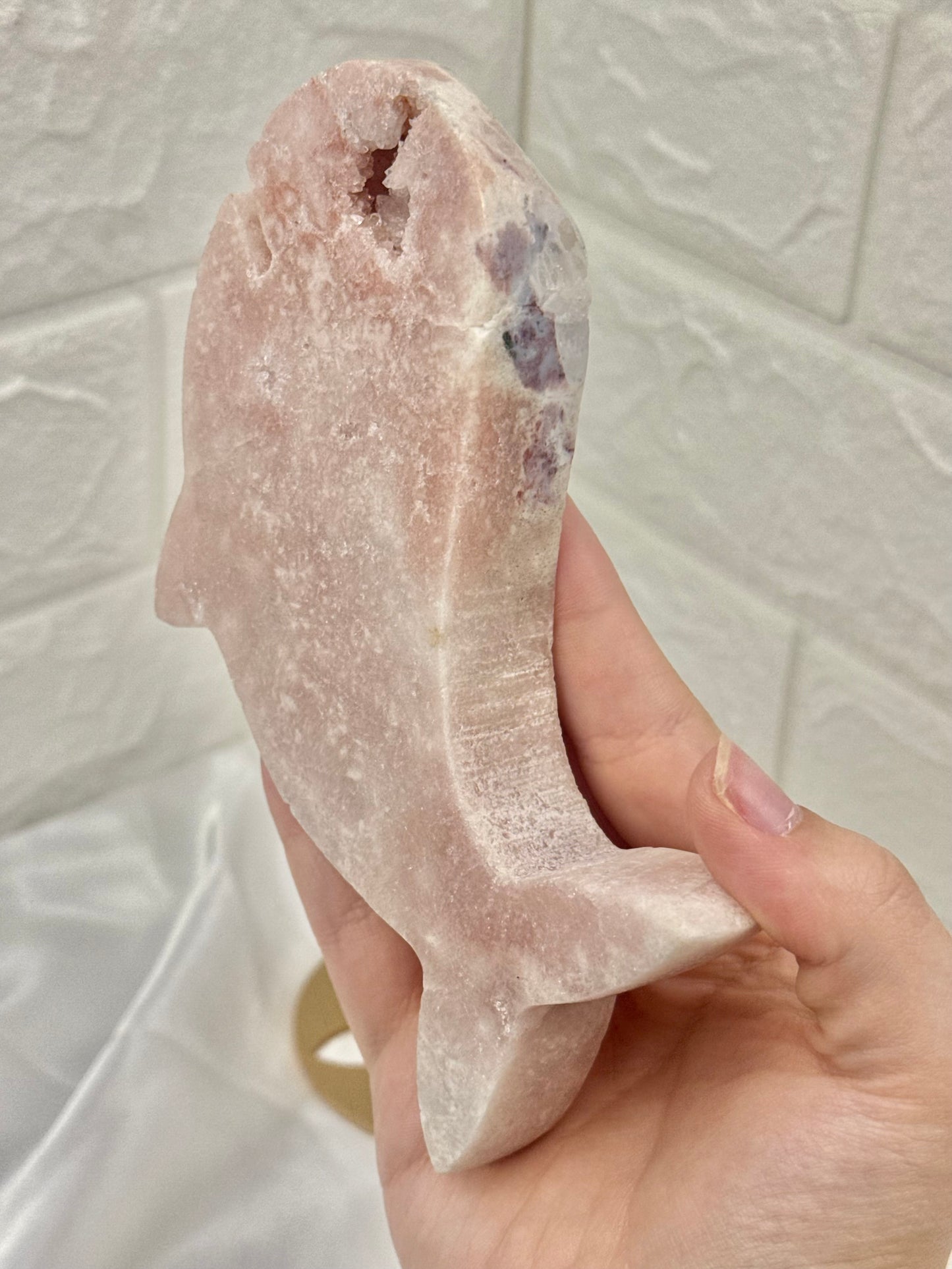Cute pink amethyst whale on stand from Brazil