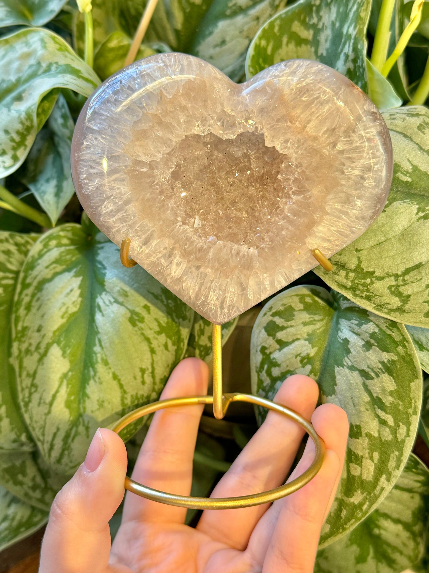 Beautiful druzy agate heart on gold stand from Brazil N