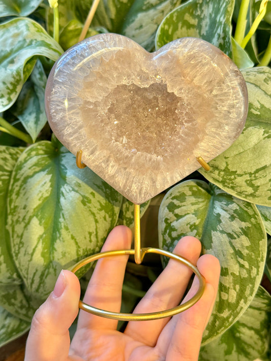 Beautiful druzy agate heart on gold stand from Brazil N