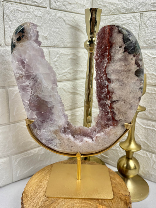 Amazing statement purple/red amethyst portal on gold stand from Brazil