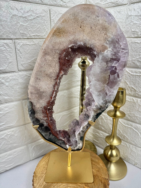 Insane!! XL purple/pink/red amethyst portal on gold stand from Brazil