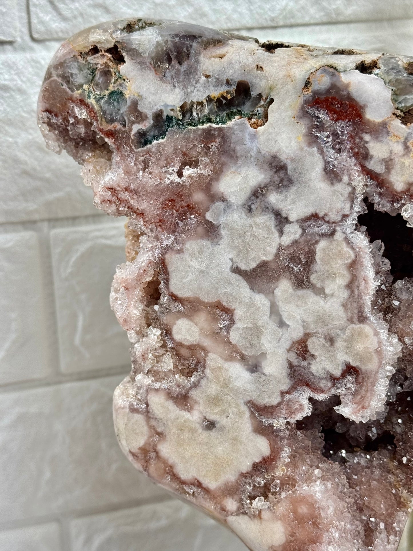 Stunning XL druzy flower pink amethyst on pink stand from Brazil