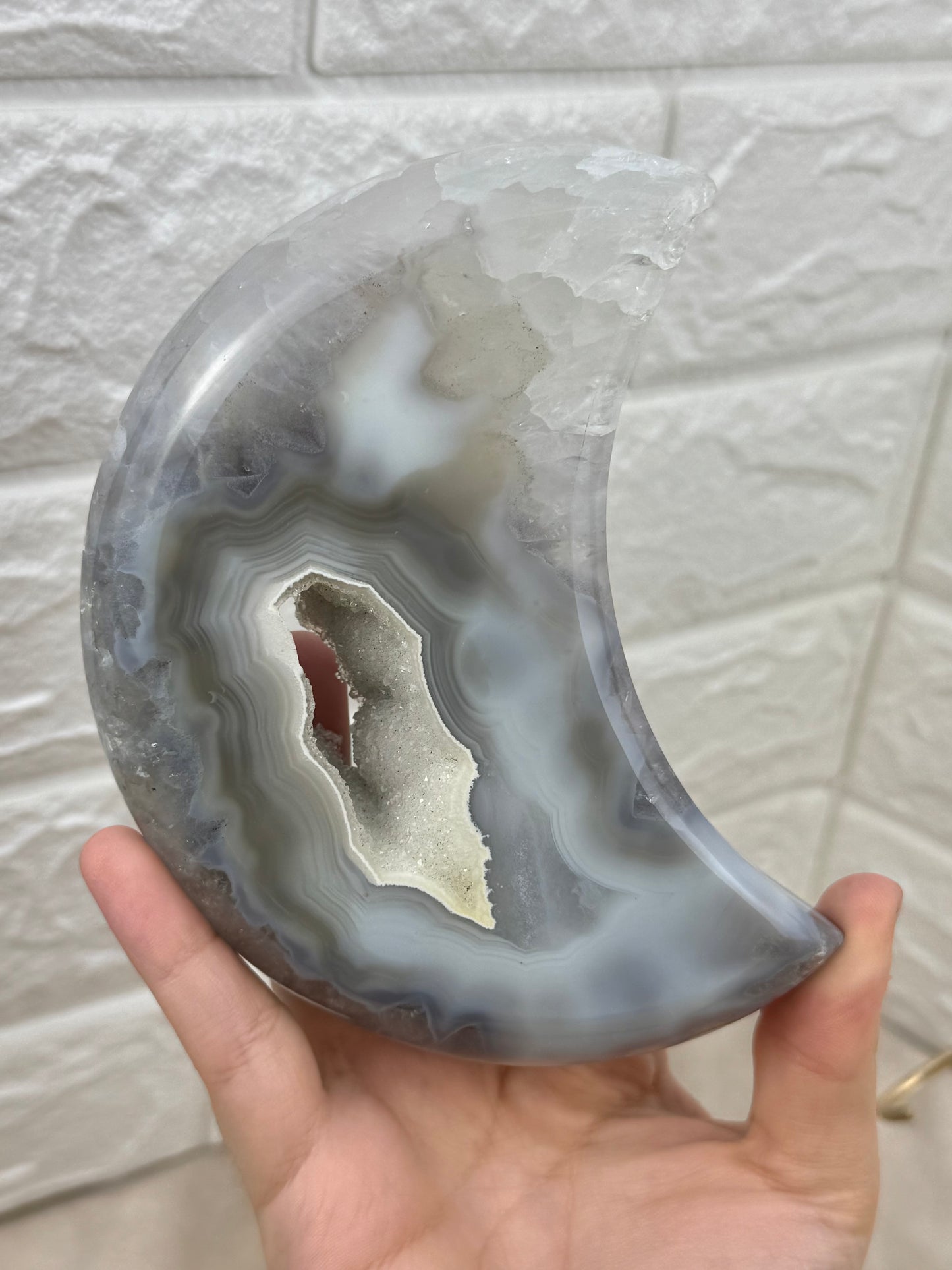 Gorgeous druzy agate moon on stand from Brazil