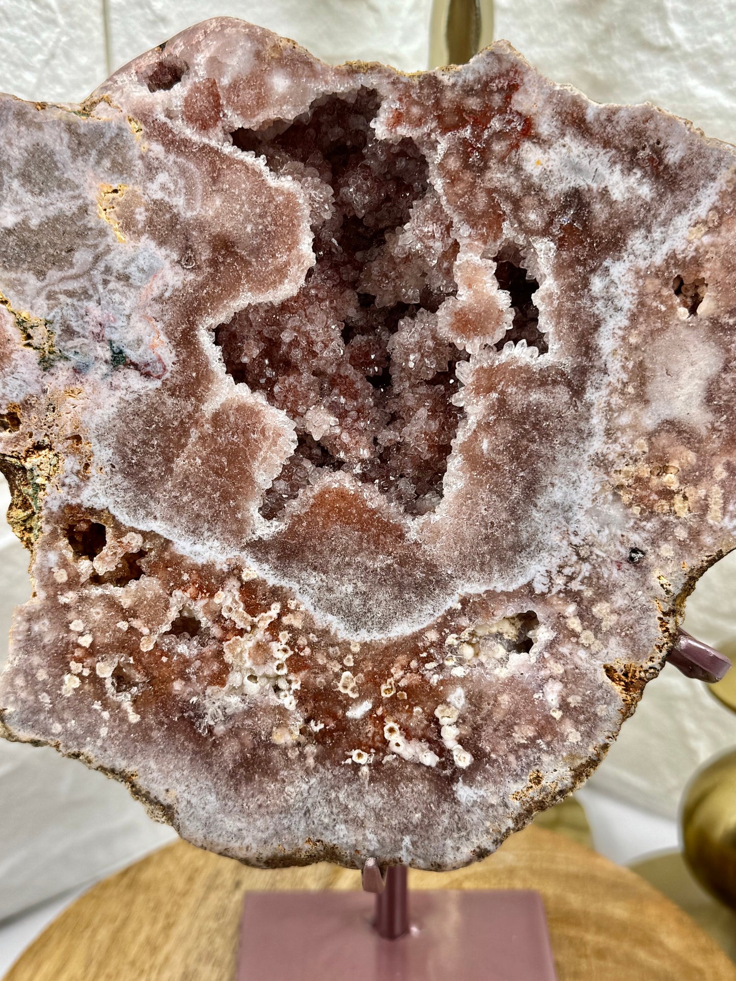 Druzy flower pink amethyst slab on stand from Brazil