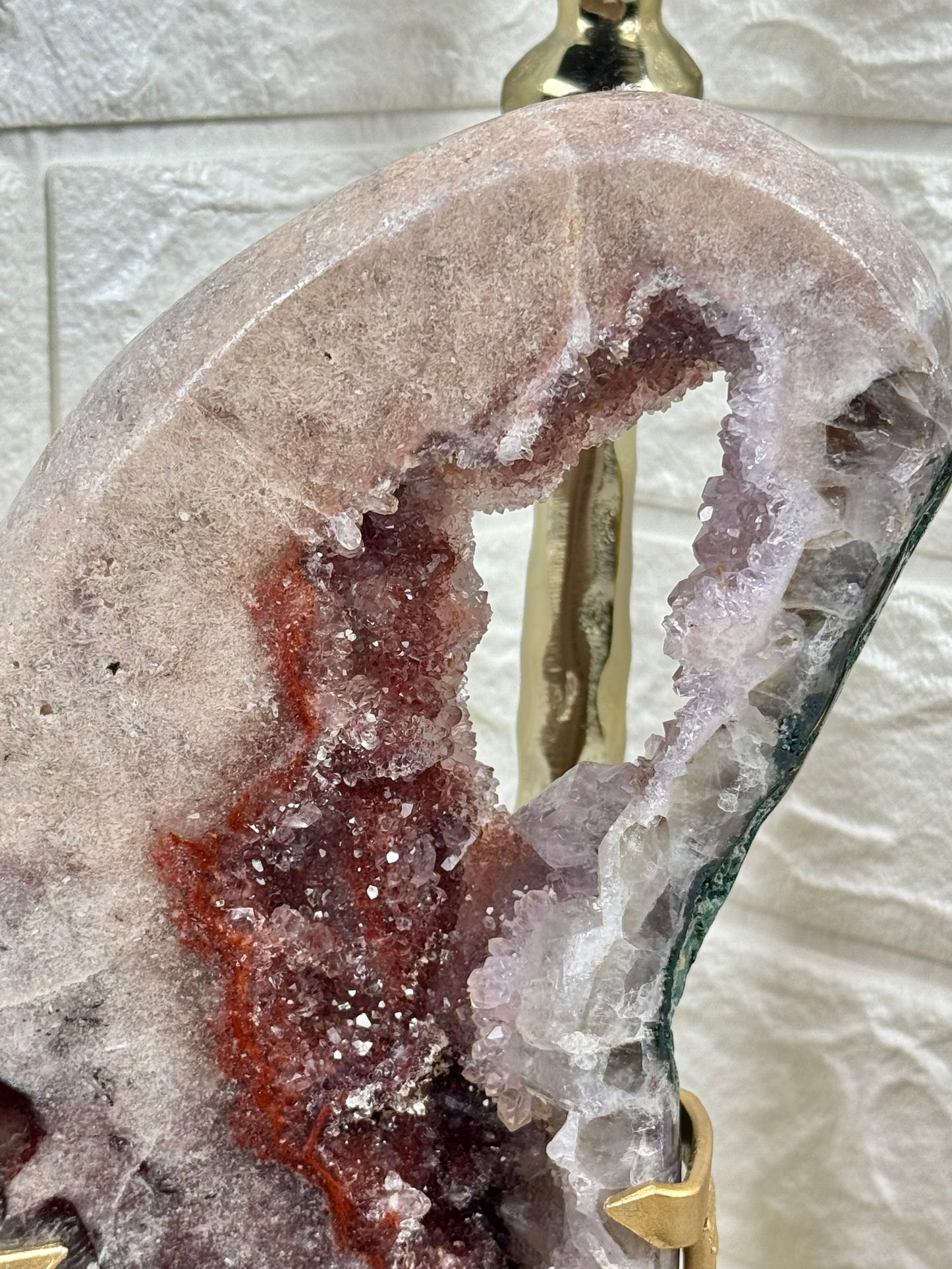 Stunning purple/red amethyst portal on gold stand from Brazil