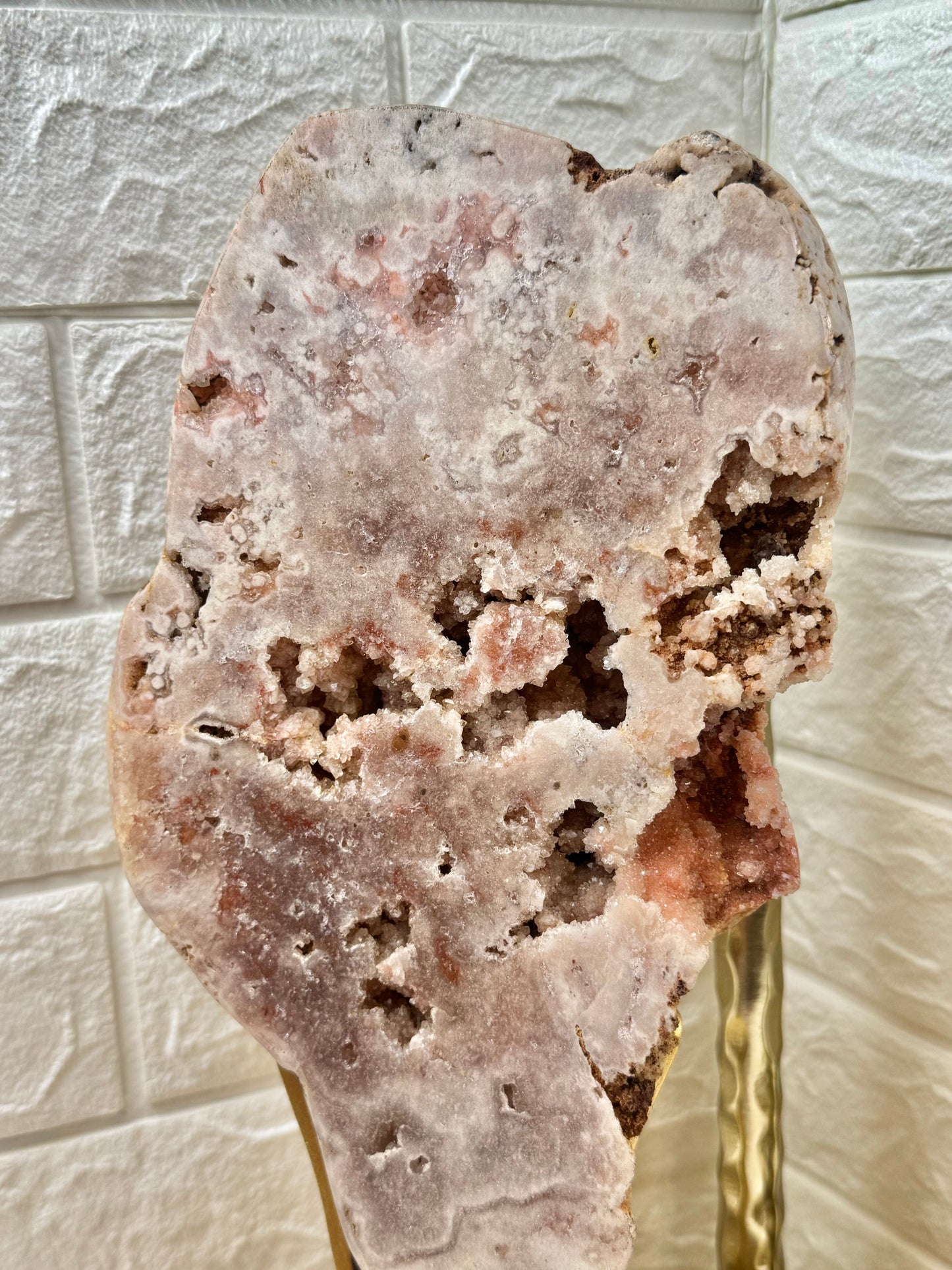 Statement pink amethyst slab on gold stand from Brazil