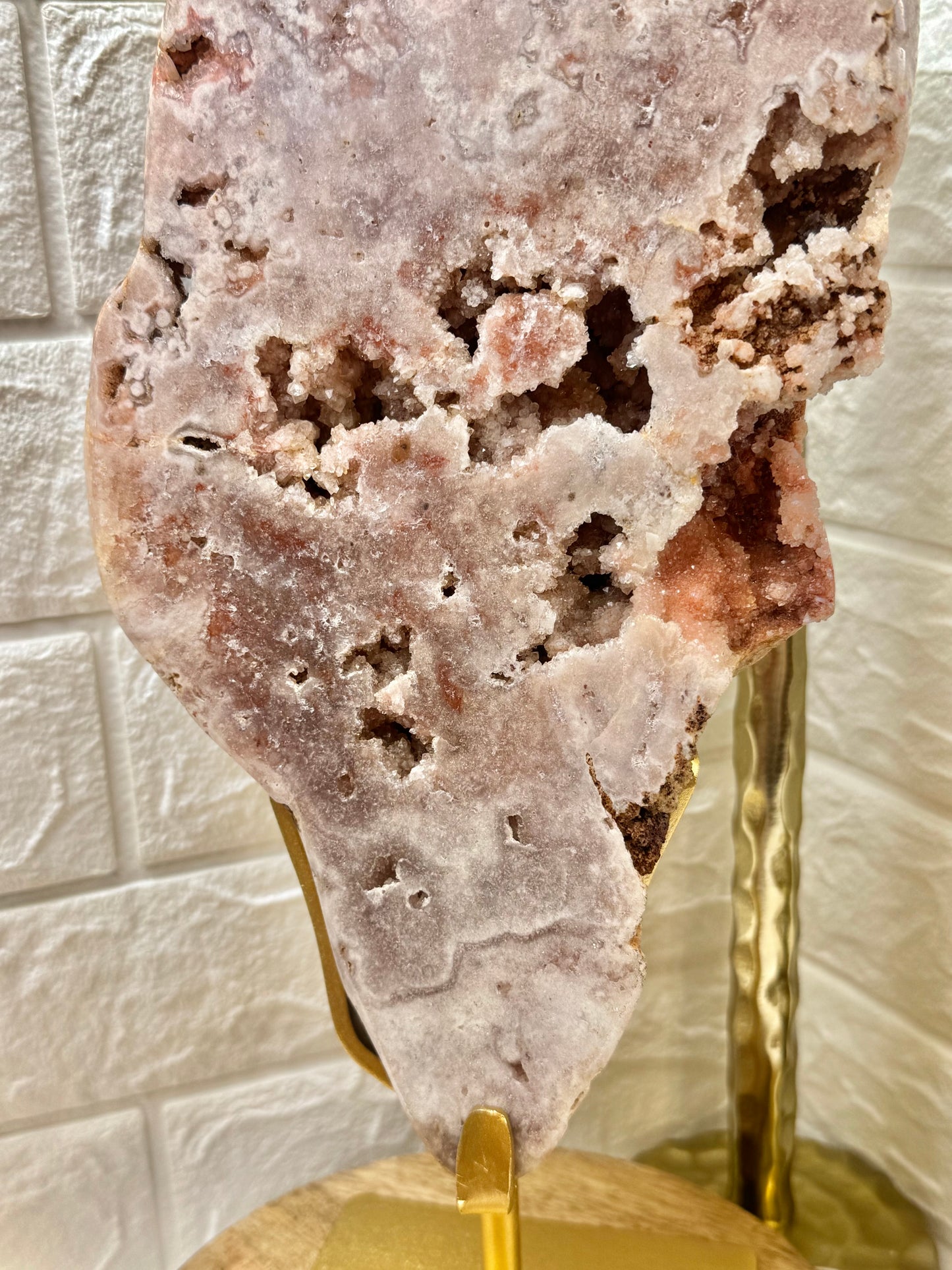 Statement pink amethyst slab on gold stand from Brazil