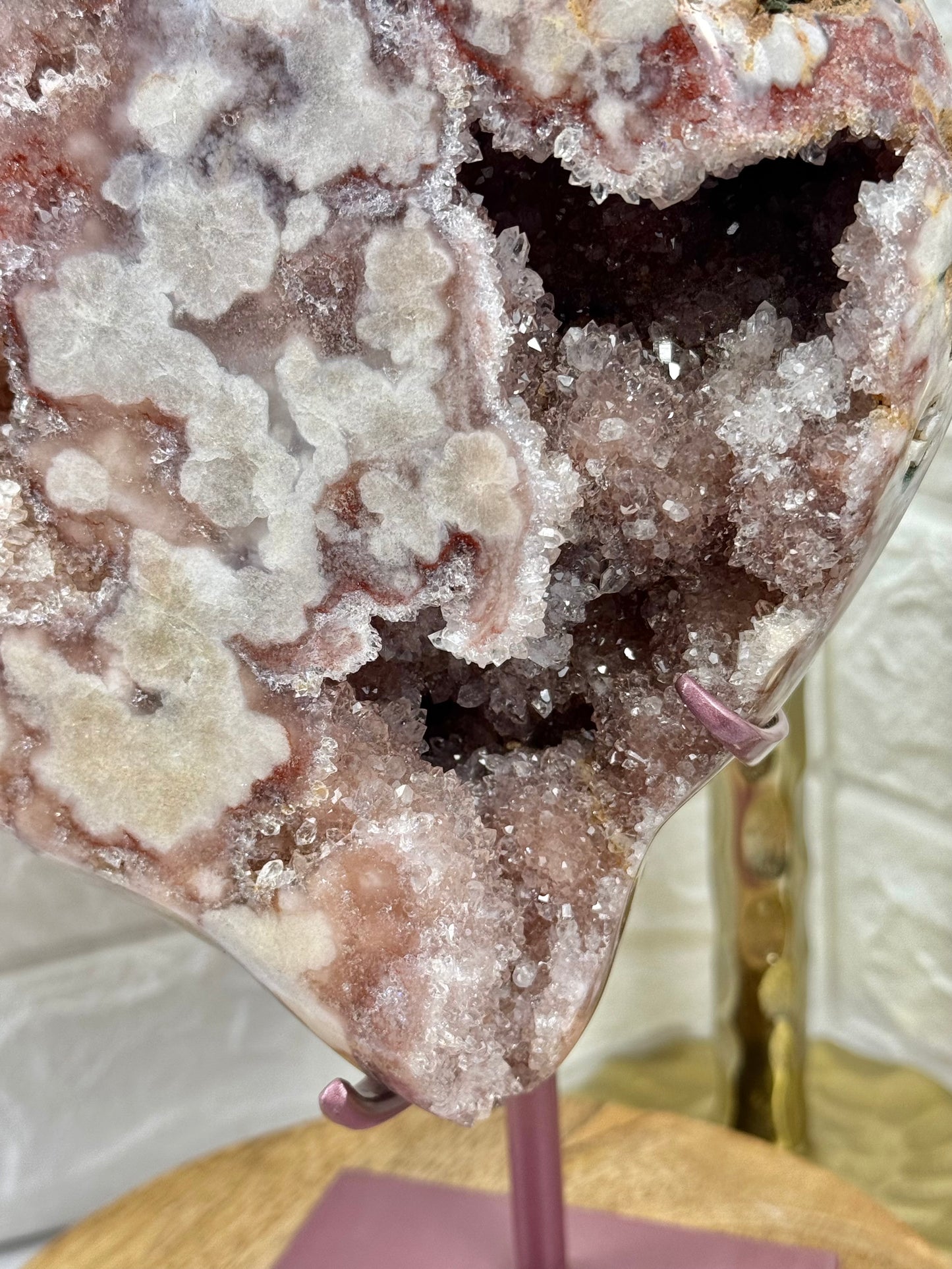 Stunning XL druzy flower pink amethyst on pink stand from Brazil