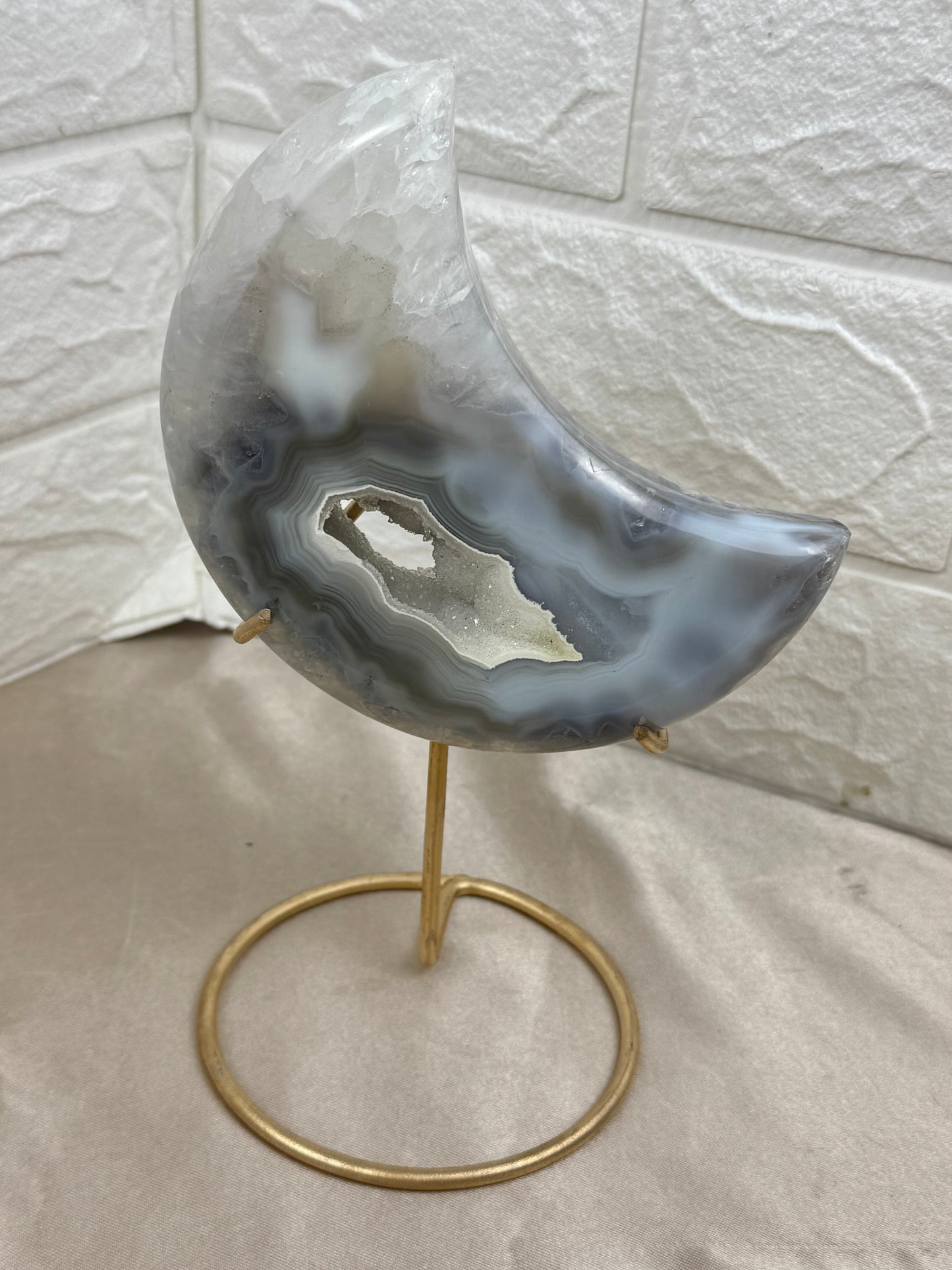 Gorgeous druzy agate moon on stand from Brazil