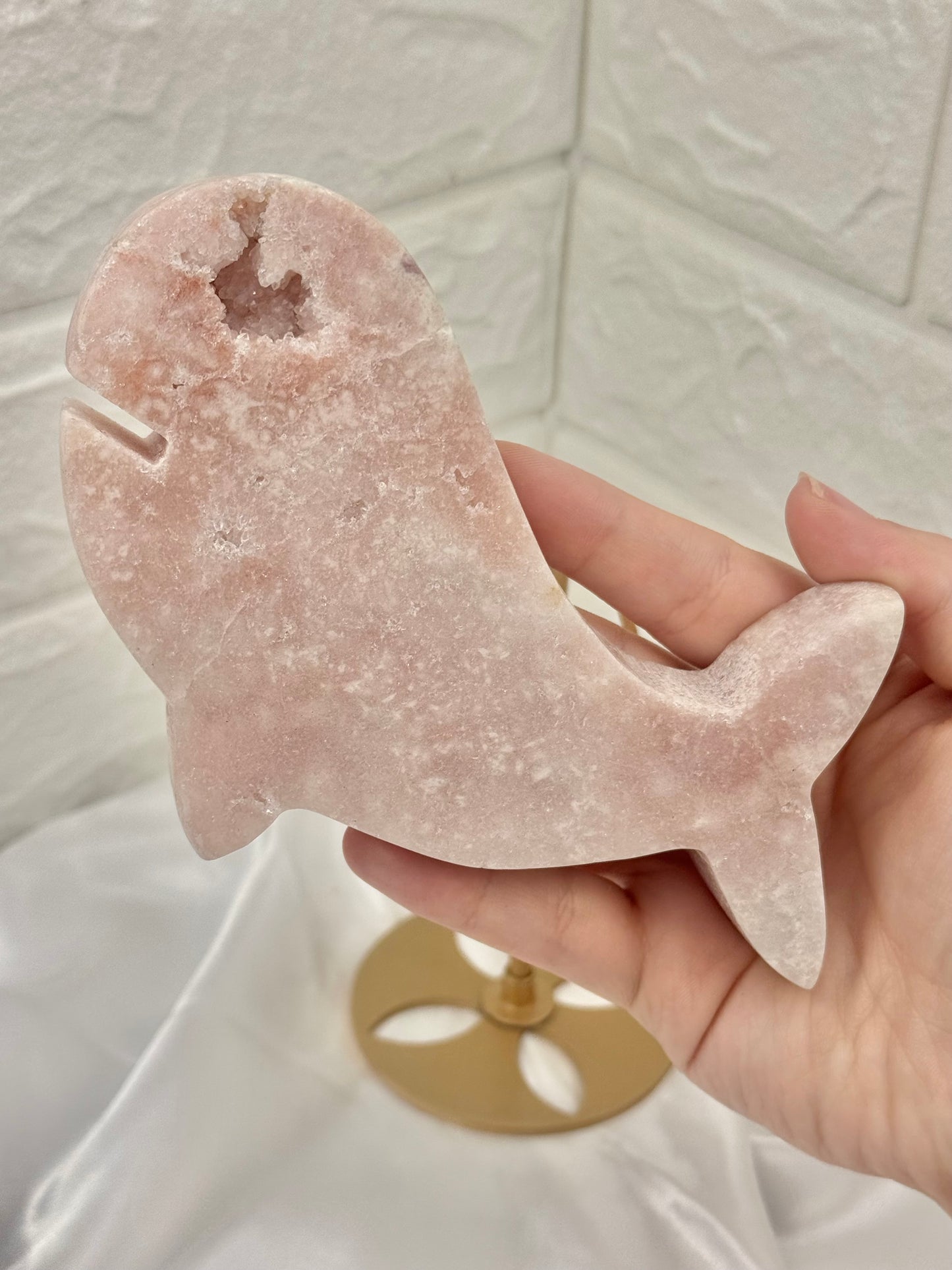 Cute pink amethyst whale on stand from Brazil