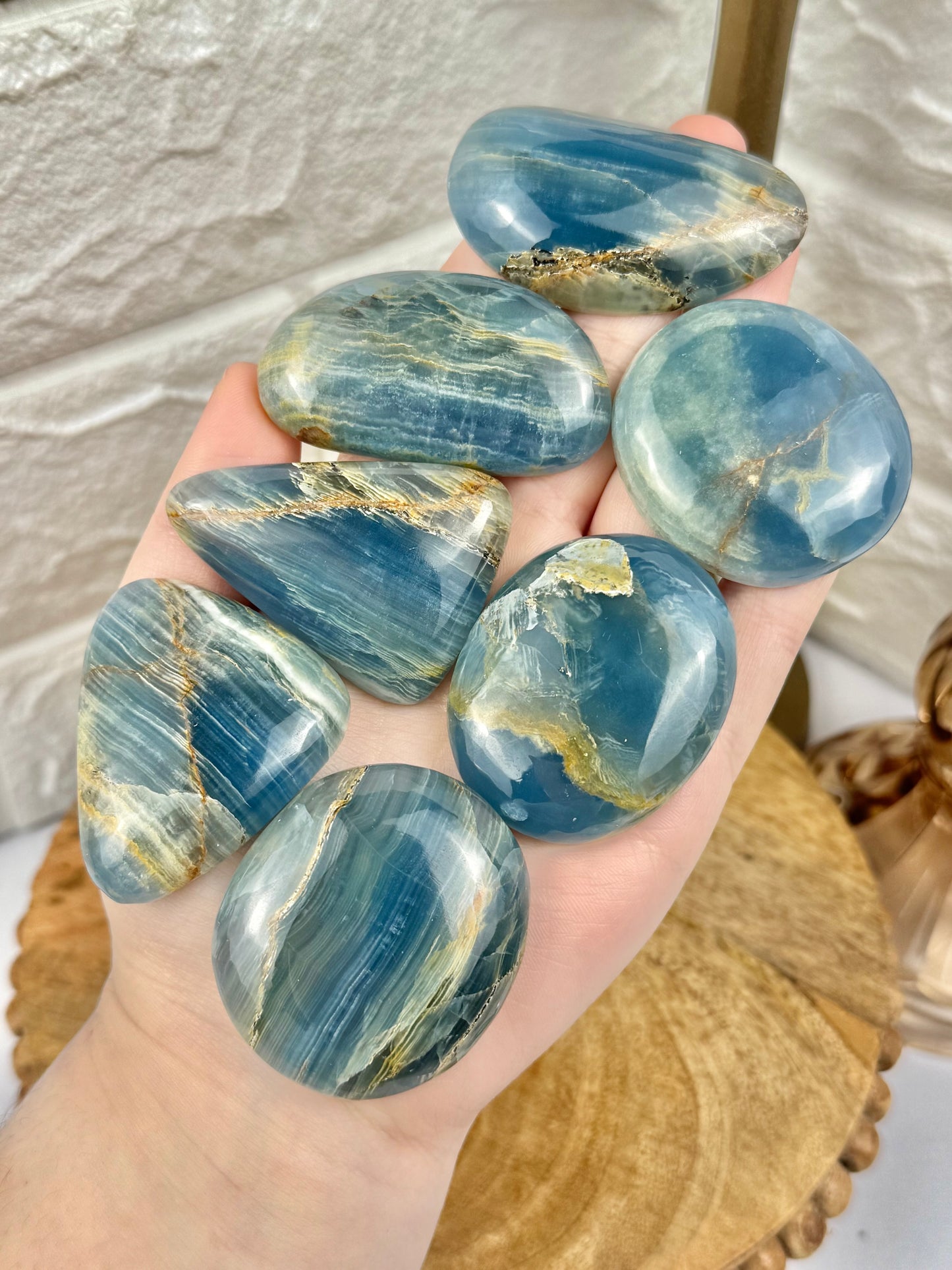 1 deep blue lemurian aquatine calcite flat cab from Argentina