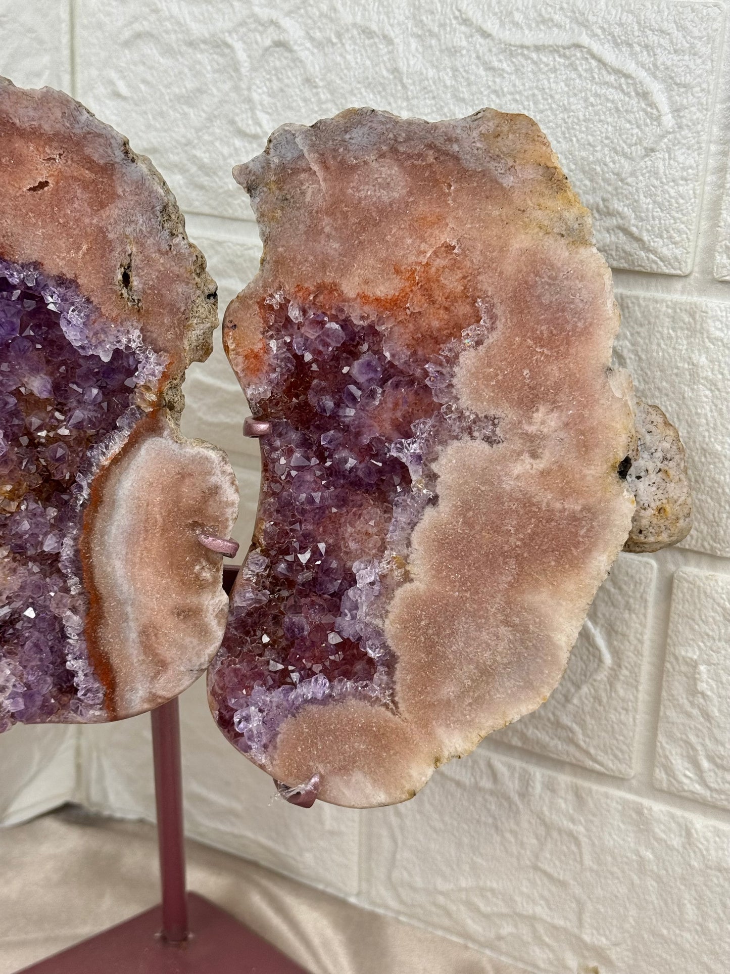 Incredible pink amethyst wings on rose gold stand from Brazil