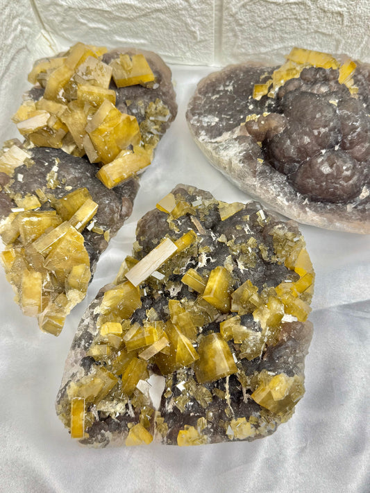 You pick! Incredible yellow barite on purple fluorite from China