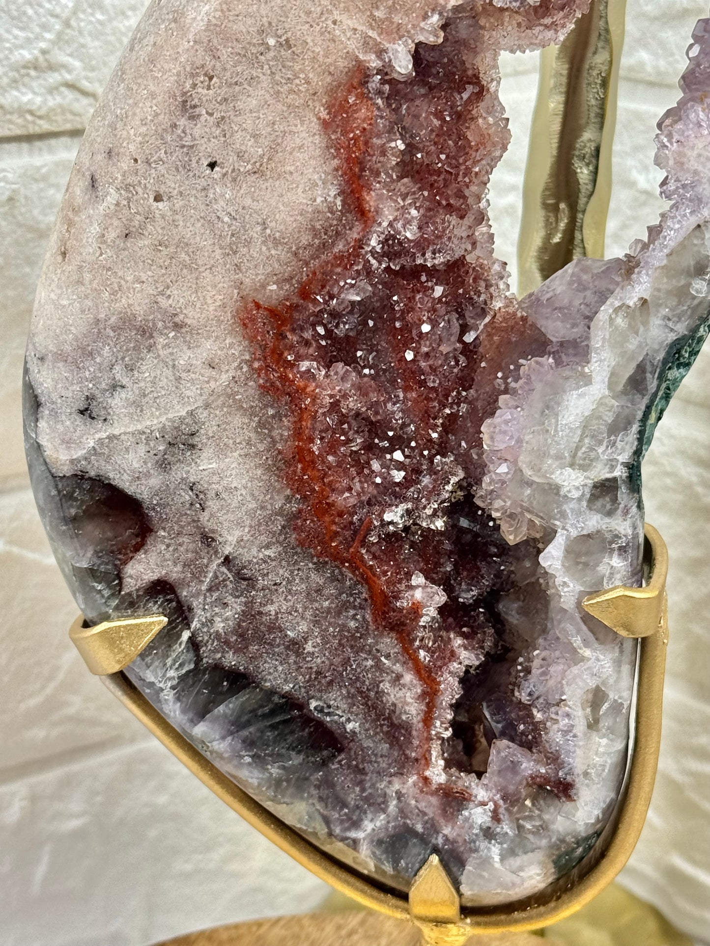 Stunning purple/red amethyst portal on gold stand from Brazil