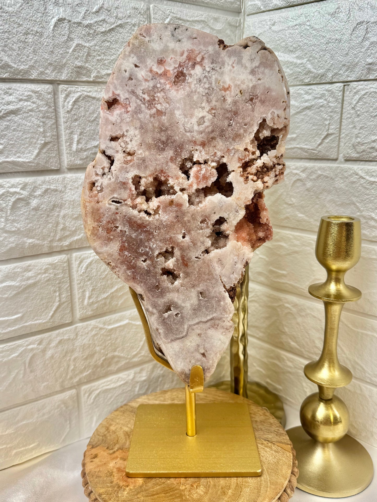 Statement pink amethyst slab on gold stand from Brazil