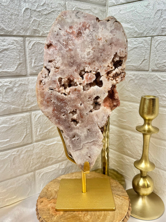 Statement pink amethyst slab on gold stand from Brazil