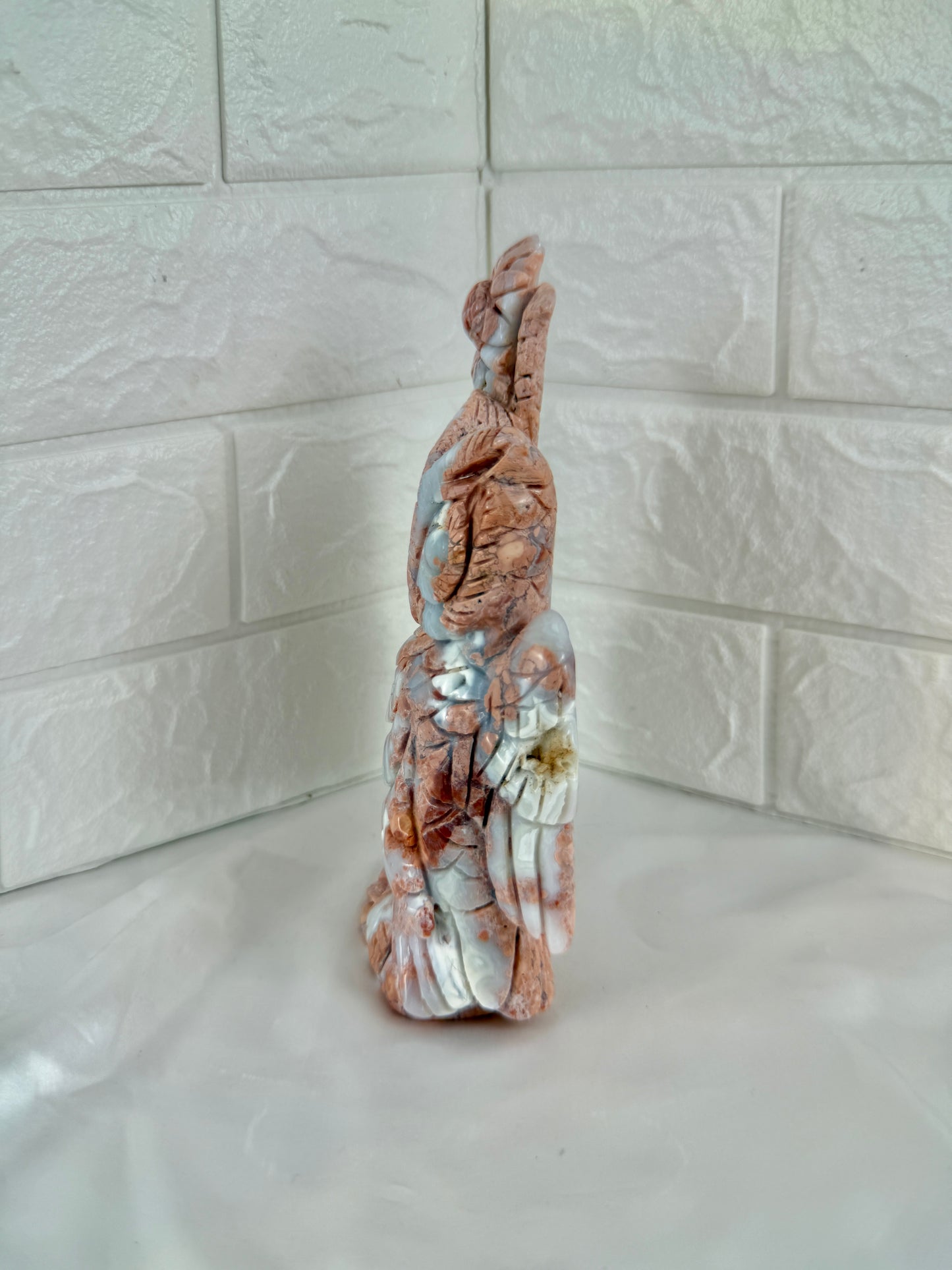 incredible statement cotton candy agate owl/flower carving