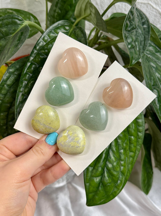 1 auramoon serpentine, green aventurine, and peach aventurine heart pack
