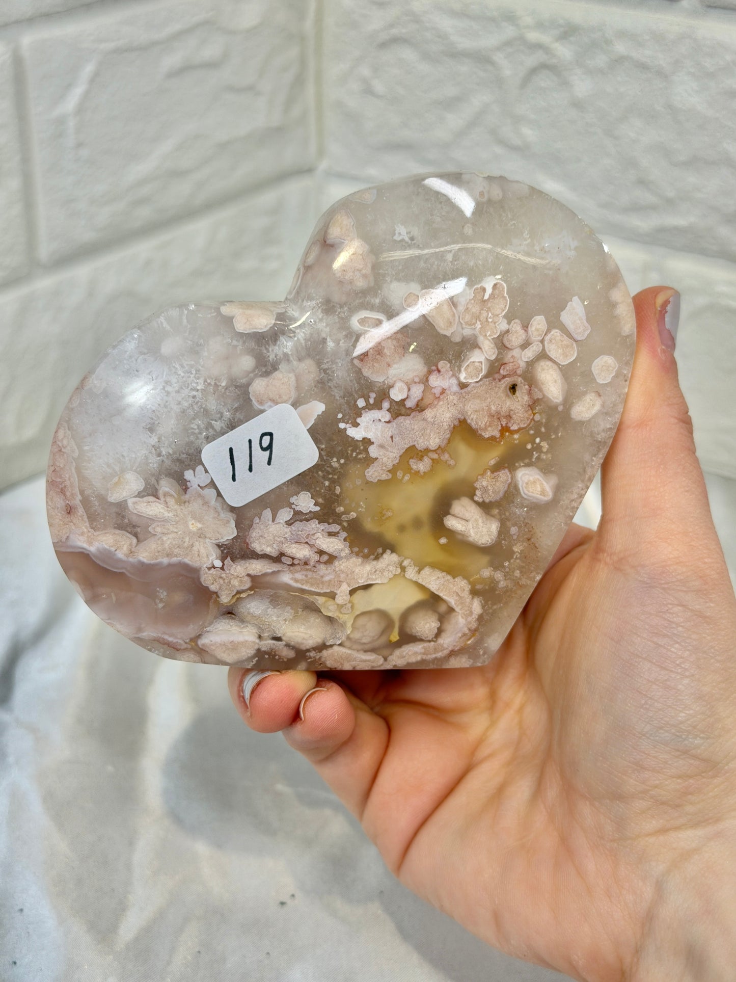 Insane “cherry blossom” flower agate heart on stand