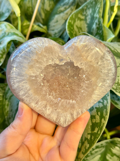 Beautiful druzy agate heart on gold stand from Brazil N