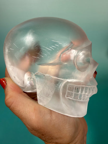 Incredible satin spar skull carving C