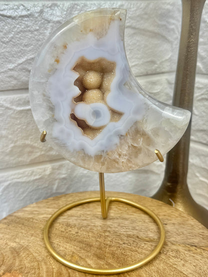 Gorgeous Orbicular druzy agate moon on stand from Brazil