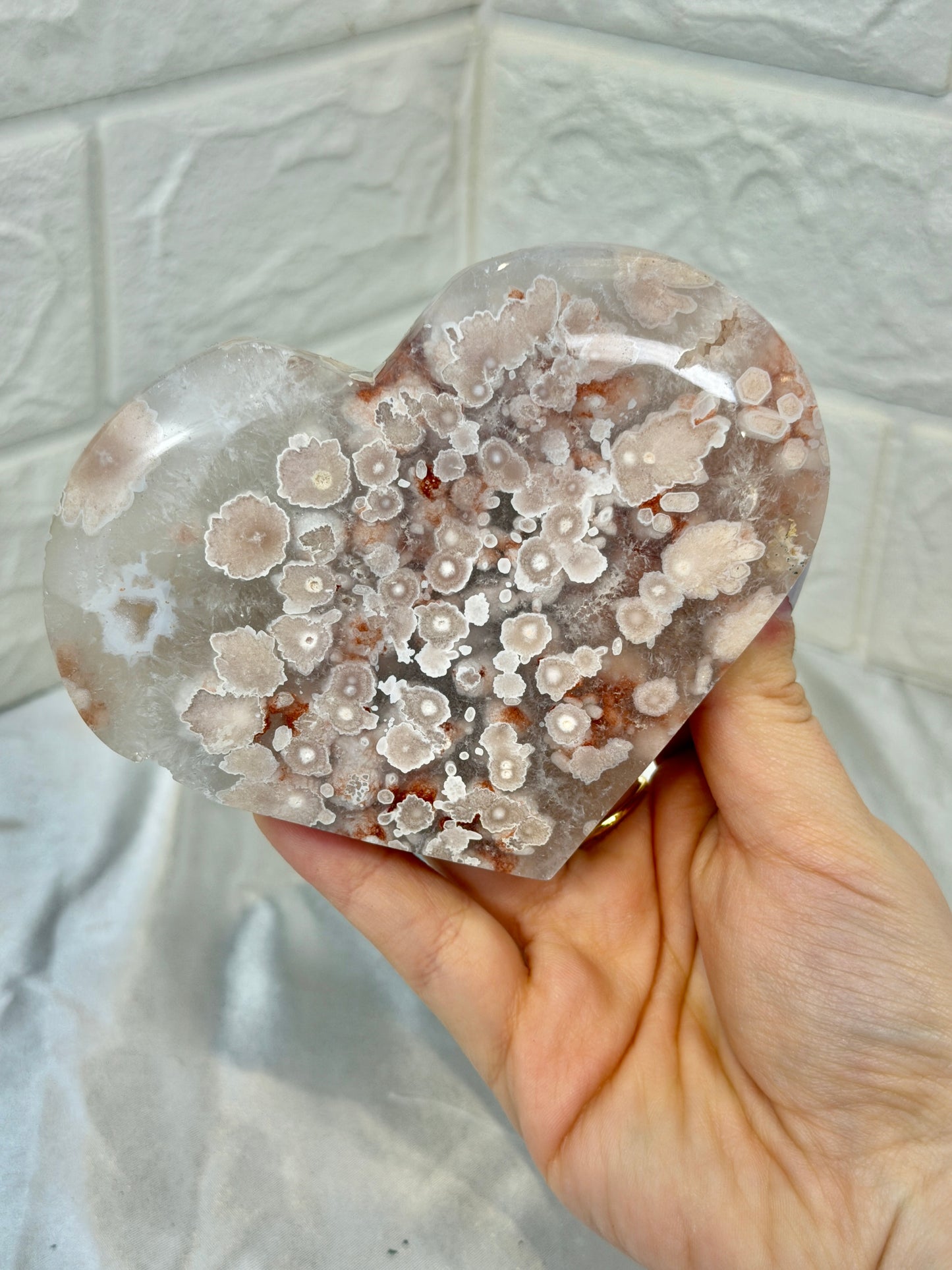 Insane “cherry blossom” flower agate heart on stand