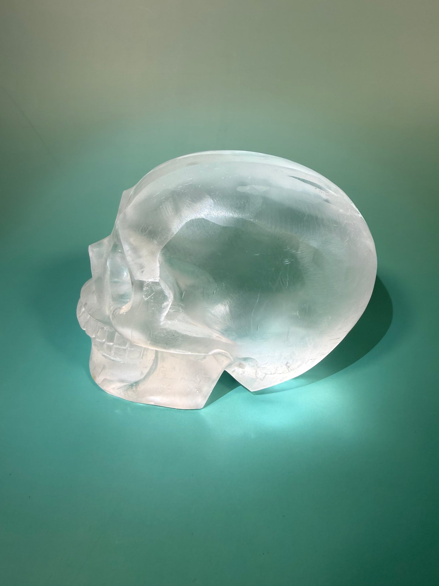 Incredible satin spar skull carving C