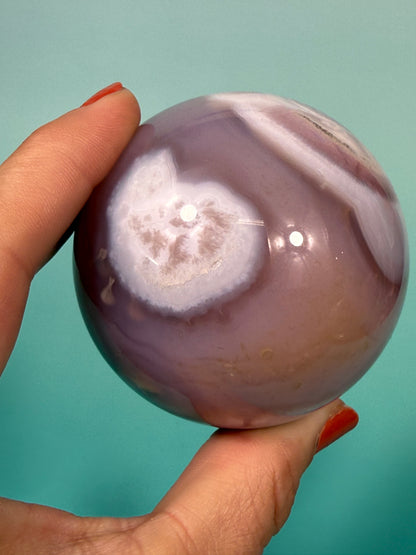 Stunning pink jelly agate sphere U (heated color)