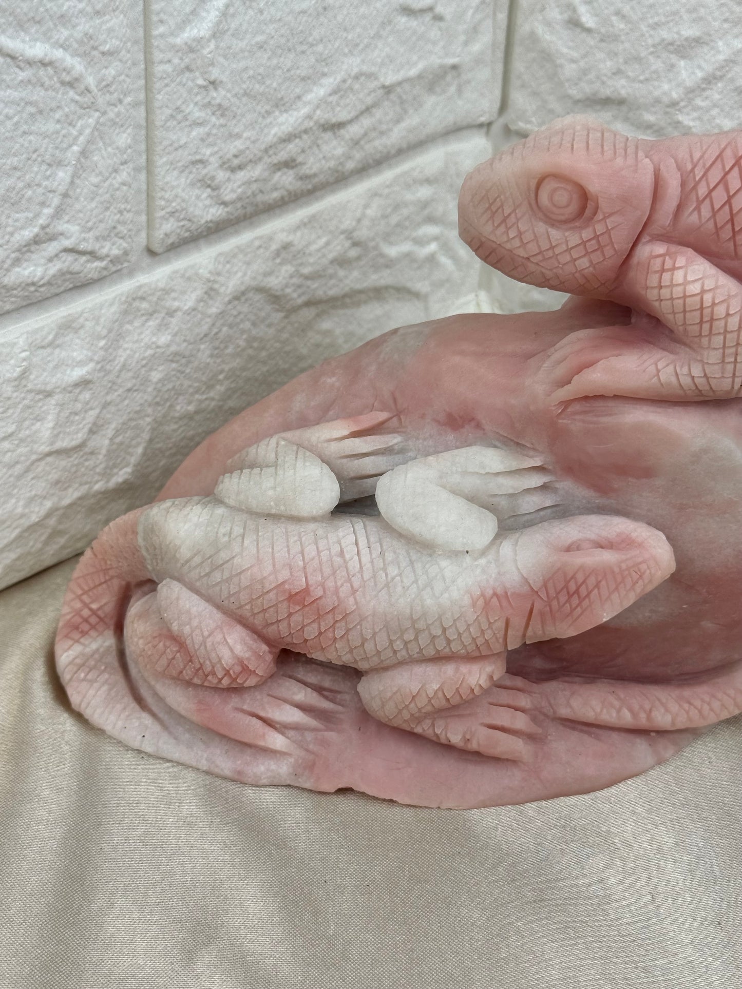 Pink opal chameleon x lizard statement carving