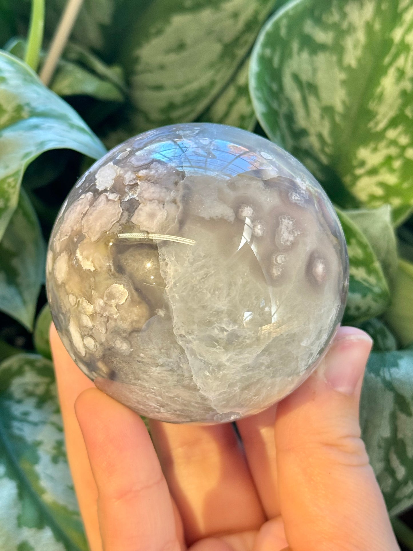 Chlorite included flower agate sphere