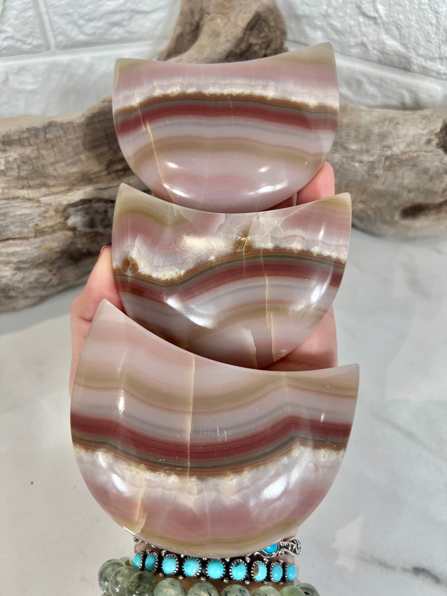 1 pink banded calcite moon