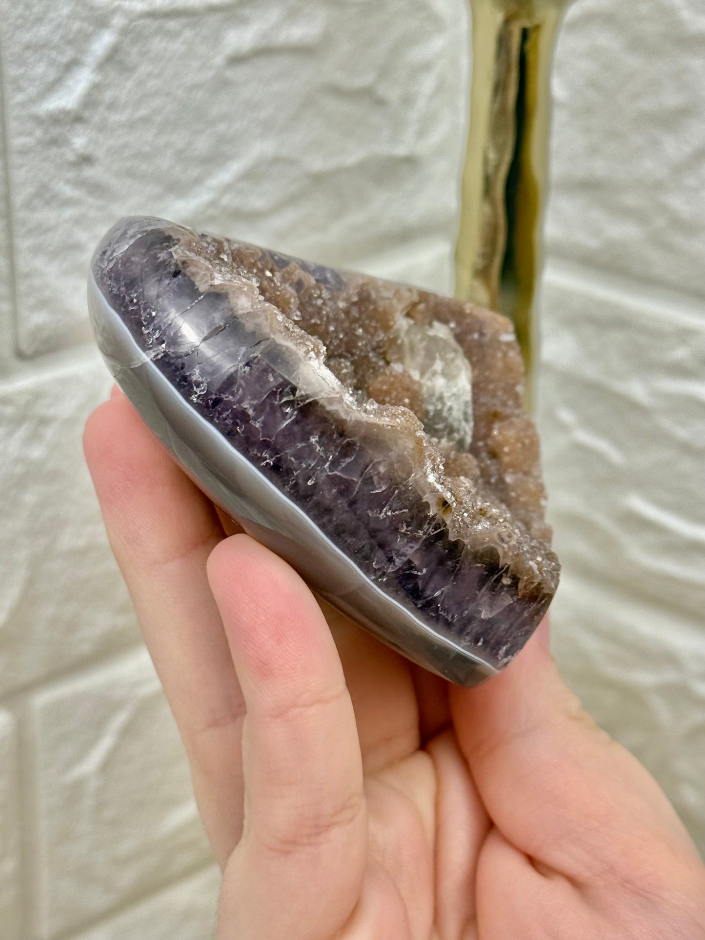 Incredible amethyst heart with calcite on gold stand from Brazil